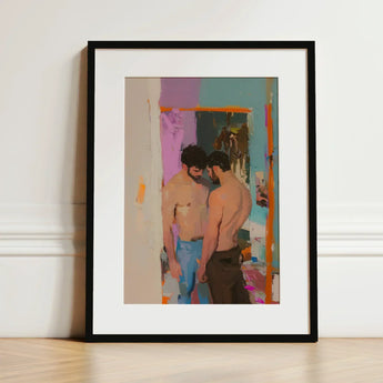 Interlude - Sleazy Gay Motel Hookup Art Print / Canvas Black-framed Two Shirtless Men Stylized Colorful, Press Prints