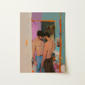 Interlude - Sleazy Gay Motel Hookup Art Print / Canvas Vibrant Abstract Painting Two Shirtless Men Doorway Rendered, Press Prints