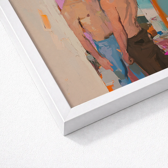 White Framed Abstract Painting Two Shirtless Figures Bold Gay Motel Hookup, Art, Men Press