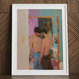 Interlude - Sleazy Gay Motel Hookup Art Print / Canvas White-framed Abstract Painting Two Shirtless Men Stylized Interior, Press Prints