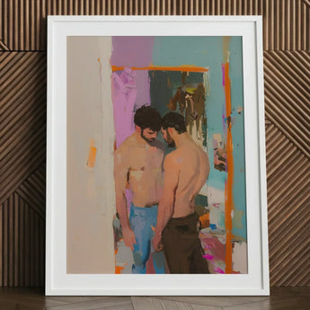 Interlude - Sleazy Gay Motel Hookup Art Print / Canvas White-framed Abstract Painting Two Shirtless Men Stylized Interior, Press Prints
