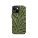 Intricate Green Leaf Pattern Phone Case Iphone 15 / Matte Olive Textured Detailed Raised Coral-like Deep Forest Shadows, Bright Chartreuse