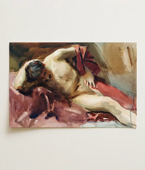 Watercolor Painting Nude Figure Draped Fabric Rendered Soft Italian Model, Male, Time Sargent Made, Gilded Age Offered, Reclining, Sojourn