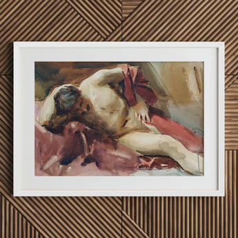 Italian Model - John Singer Sargent Art Print / Canvas White-framed Watercolor Painting Nude Figure Soft Beige Reddish, Male, Time Made,