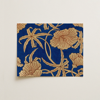 Rectangular Blue Gold Floral-patterned Fabric Sample Stylized Blossoms Art Print, Ito Nishiki, Kimono Pattern, Strict Schedule