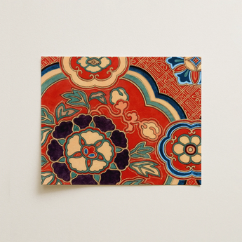 Vibrant Red Rectangular Textile Intricate Floral Geometric Patterns Ito Nishiki, Treasure Flowers, Kyoto’s Nishijin District, Touched