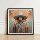Iyaan - Gay Malay Cowboy Dandy Art Print / Canvas Framed Portrait Person Ornate Wide-brimmed White Hat Patterned Elegant Malaysian