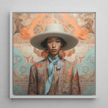 Iyaan - Gay Malay Cowboy Dandy Art Print / Canvas Framed Portrait Person Off-white Wide-brimmed Hat Patterned Jacket Elegant Malaysian