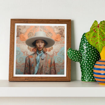 Iyaan - Gay Malay Cowboy Dandy Art Print / Canvas Framed Portrait Person Wide-brimmed Hat Patterned Coat Enclosed Elegant Malaysian