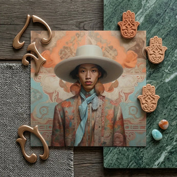 Iyaan - Gay Malay Cowboy Dandy Art Print / Canvas Rectangular Portrait Person Ornate Wide-brimmed Hat Patterned Elegant Malaysian Outlaw’s,