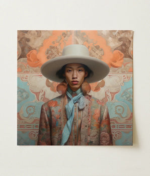 Square Canvas Painting Person Wide-brimmed Off-white Hat Patterned Elegant Malaysian Outlaw’s, Cowboy Spirit’s Queer, Asian Dandy