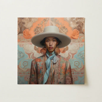 Iyaan - Gay Malay Cowboy Dandy Art Print / Canvas Square Painting Person Wide-brimmed Off-white Hat Patterned Elegant Malaysian Outlaw’s,