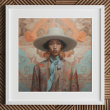 Iyaan - Gay Malay Cowboy Dandy Art Print / Canvas White Wide-brimmed Hat Blue Scarf Brown Patterned Jacket Elegant Malaysian Outlaw’s,