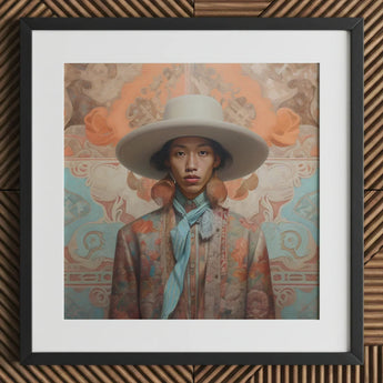 Iyaan - Gay Malay Cowboy Dandy Art Print / Canvas White Wide-brimmed Hat Blue Scarf Patterned Jacket Elegant Malaysian Outlaw’s, Spirit’s