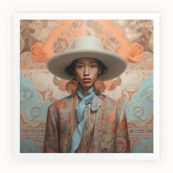 Iyaan - Gay Malay Cowboy Dandy Art Print / Canvas Wide-brimmed Off-white Hat Soft Slightly Textured Surface Worn Elegant Malaysian