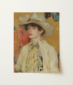 Vintage-style Portrait Print Young Person Off-white Wide-brimmed Hat Queer Couture Cowboy, Art