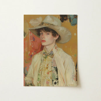 Jacob - Queer Couture Cowboy Art Print / Canvas Vintage-style Portrait Young Person Off-white Wide-brimmed Hat, Prints