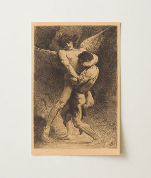 Sepia-toned Print Two Muscular Figures Intense Embrace Rendered Etching La Lutte, Jacob Catches, Mid-collapse, Absorbing Velázquez’s Tonal,