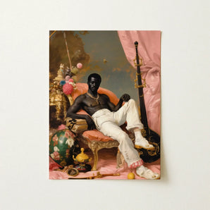 Jacques - Gay Black Sailor Dandy Art Print / Canvas Framed Painting Man Ornate Chair Adorned White, Reclines Prints