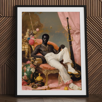 Jacques - Gay Black Sailor Dandy Art Print / Canvas Framed Portrait Black Man Ornate Pink-draped Chair Surrounded Gay Sailor, Sailor Dandy,