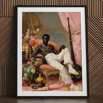 Jacques - Gay Black Sailor Dandy Art Print / Canvas Framed Portrait Man Ornate Pink-draped Chair Surrounded, Reclines Prints