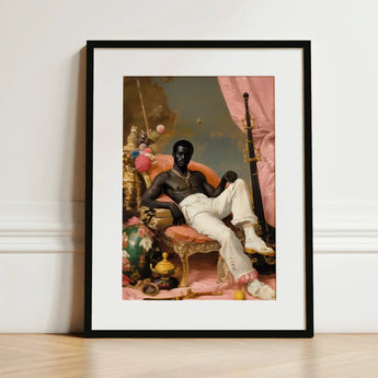 Jacques - Gay Black Sailor Dandy Art Print / Canvas Black-framed Portrait Man Ornate Pink-hued, Reclines Prints