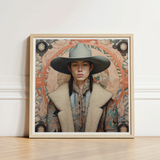 Framed Portrait Person Wide-brimmed Gray Hat Patterned Coat Dandy Gay Cowboy, Native American