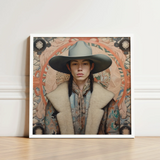Framed Portrait Person Wide-brimmed Gray Hat Fur-lined Coat Dandy Gay Cowboy, Native American