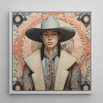 Jacy - Native American Gay Cowboy Art Print / Canvas Framed Portrait Person Wide-brimmed Gray Hat Cream-colored Fur-lined Dandy, Prints