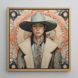 Jacy - Native American Gay Cowboy Art Print / Canvas Framed Portrait Person Wide-brimmed Gray Hat Patterned Coat Dandy Gay Cowboy, Native