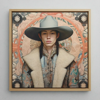 Jacy - Native American Gay Cowboy Art Print / Canvas Framed Portrait Person Wide-brimmed Gray Hat Patterned Coat Dandy Gay Cowboy, Native