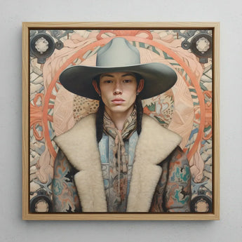 Jacy - Native American Gay Cowboy Art Print / Canvas Framed Portrait Person Wide-brimmed Gray Hat Patterned Coat Dandy, Prints