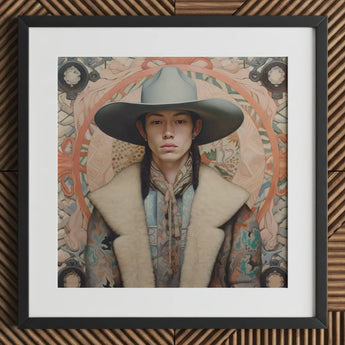 Jacy - Native American Gay Cowboy Art Print / Canvas Gray Fur Coat Wide-brimmed Hat Patterned Shirt Underneath Dandy, Prints