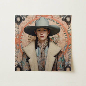 Jacy - Native American Gay Cowboy Art Print / Canvas Square-framed Portrait Painting Person Wide-brimmed Gray Hat Cream-colored Dandy Gay