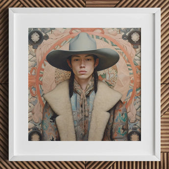 Jacy - Native American Gay Cowboy Art Print / Canvas White Square Frame Black Border Dandy, Prints