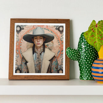 Jacy - Native American Gay Cowboy Art Print / Canvas Wooden-framed Portrait Person Wide-brimmed Hat Fur Coat Dandy, Prints