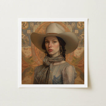 Jamie - Femme Lesbian Cowgirl Art Print / Canvas Framed Portrait Woman Wide-brimmed Beige Cowboy Hat Muted-toned Elegant Outlaw Reminding,
