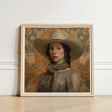 Framed Artwork Woman Wide-brimmed Beige Hat Earth-toned Attire Elegant Outlaw Reminding, Cowgirl Spirit’s Queer, Vintage Femme Lesbian