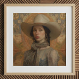 Jamie - Femme Lesbian Cowgirl Art Print / Canvas Beige Cowboy Hat Brown Band Silver Hoop Earrings Elegant Outlaw Reminding, Cowgirl