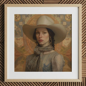 Jamie - Femme Lesbian Cowgirl Art Print / Canvas Beige Cowboy Hat Brown Band Silver Hoop Earrings Elegant Outlaw Reminding, Spirit’s Queer,