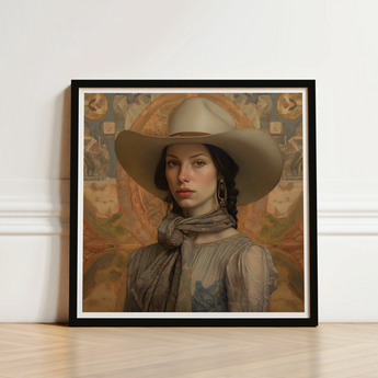 Framed Portrait Woman Wide-brimmed Beige Cowboy Hat Dusty Elegant Outlaw Reminding, Cowgirl Spirit’s Queer, Vintage Femme Lesbian
