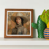 Jamie - Femme Lesbian Cowgirl Art Print / Canvas Framed Portrait Person Wide-brimmed Hat Gray Scarf Warm Elegant Outlaw Reminding, Spirit’s