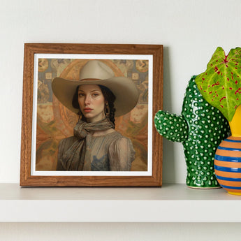 Jamie - Femme Lesbian Cowgirl Art Print / Canvas Framed Portrait Person Wide-brimmed Hat Gray Scarf Warm Elegant Outlaw Reminding, Spirit’s
