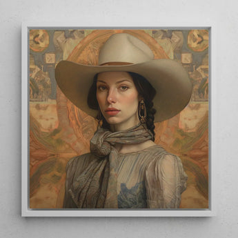 Jamie - Femme Lesbian Cowgirl Art Print / Canvas Framed Portrait Woman Wide-brimmed Beige Cowboy Hat Patterned Elegant Outlaw Reminding,