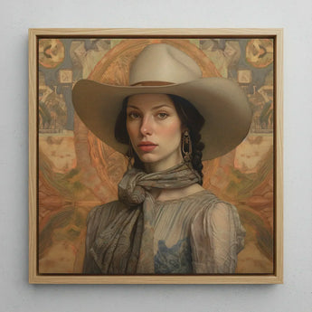 Jamie - Femme Lesbian Cowgirl Art Print / Canvas Framed Portrait Woman Wide-brimmed Beige Cowboy Hat Patterned Elegant Outlaw Reminding,