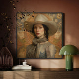 Jamie - Femme Lesbian Cowgirl Art Print / Canvas Framed Portrait Woman Wide-brimmed Beige Hat Light-colored Textured Elegant Outlaw