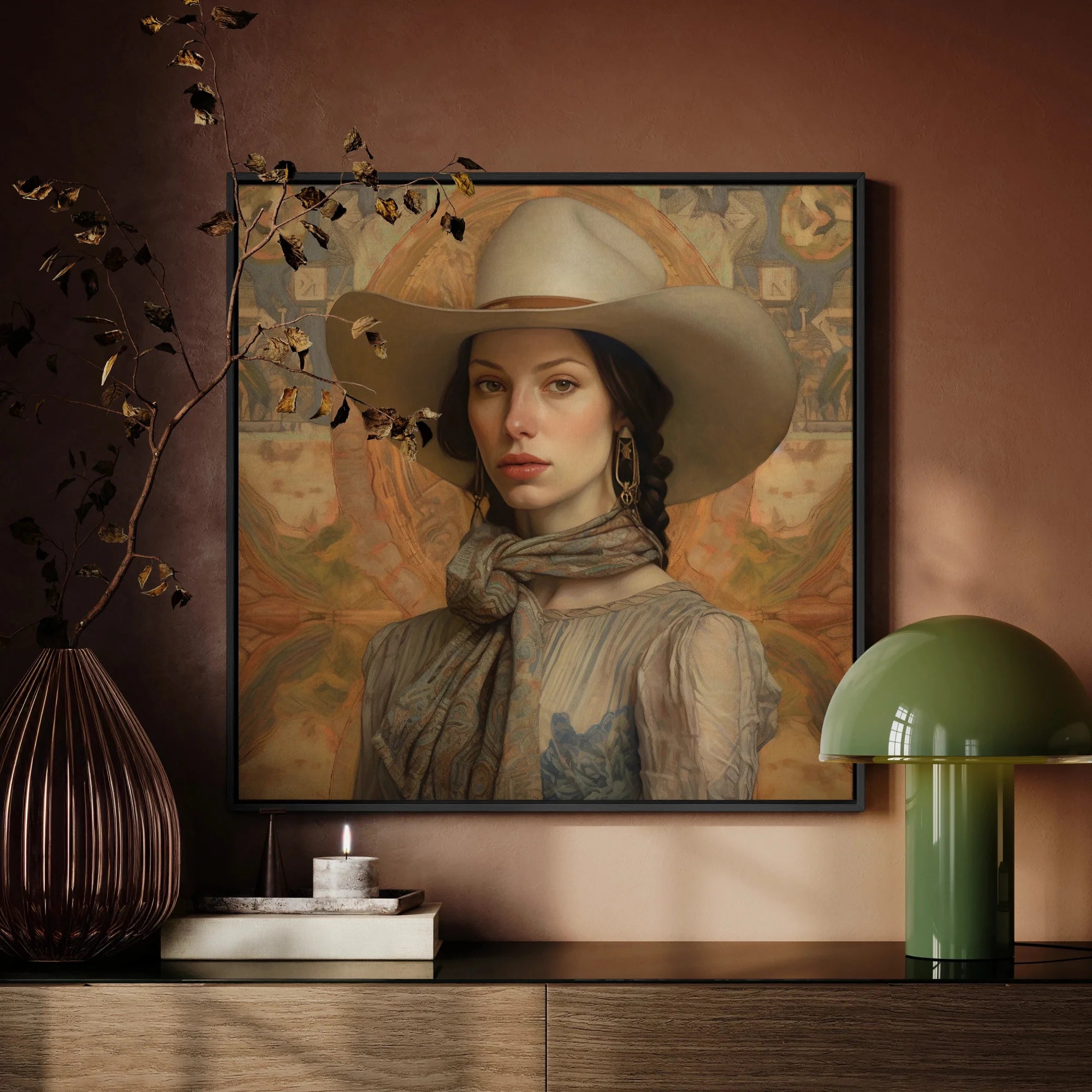 Jamie - Femme Lesbian Cowgirl Framed Canvas, Framed Portrait Woman Wide-brimmed Hat Scarf Muted Earthy