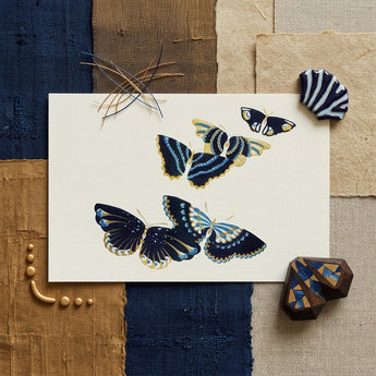 Japanese Blue Butterflies too - Kamisaka Sekka Art Print / Canvas Cream-colored Card Elegant Illustration Four Butterflies Navy Blue