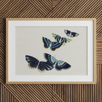Japanese Blue Butterflies too - Kamisaka Sekka Art Print / Canvas Framed Artwork Three Intricately Illustrated Navy, Japan’s Artistic