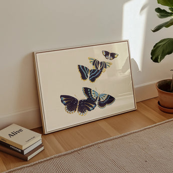 Japanese Blue Butterflies too - Kamisaka Sekka Art Print, Framed Artwork Three Blue Butterflies Cream Background